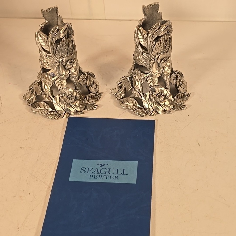 Two Vintage Seagull Pewter Flower Candle Holders Canada 1990 Pair